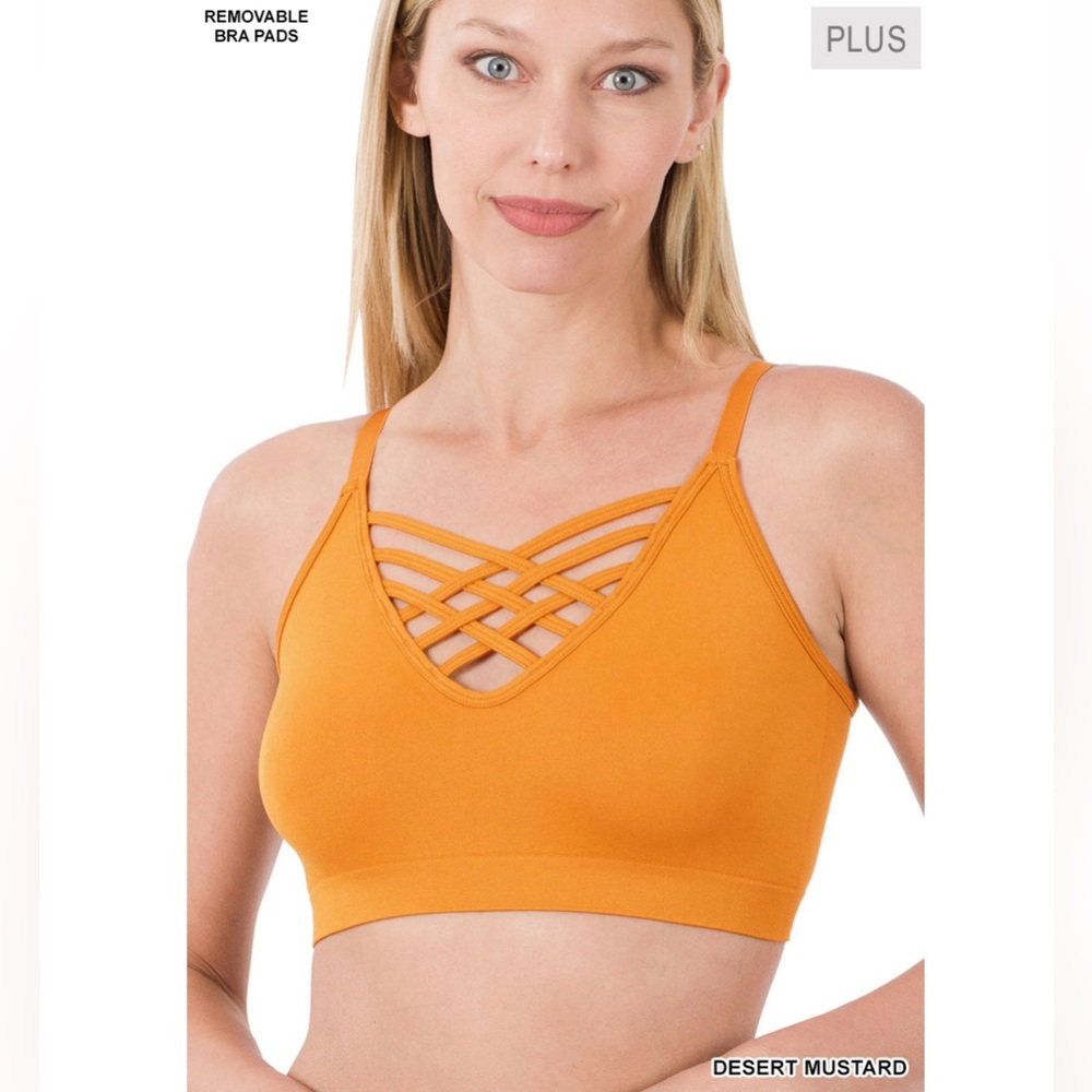 *SALE* PLUS SIZE - ZENANA FRONT V-LATTICE SEAMLESS BRALETTE DESERT MUSTARD